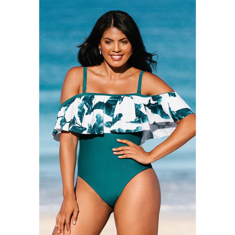 CUPSHE Women's Plus Size 0X One Piece Ruffled‎ Mid Cut Swimsuit Green Modest